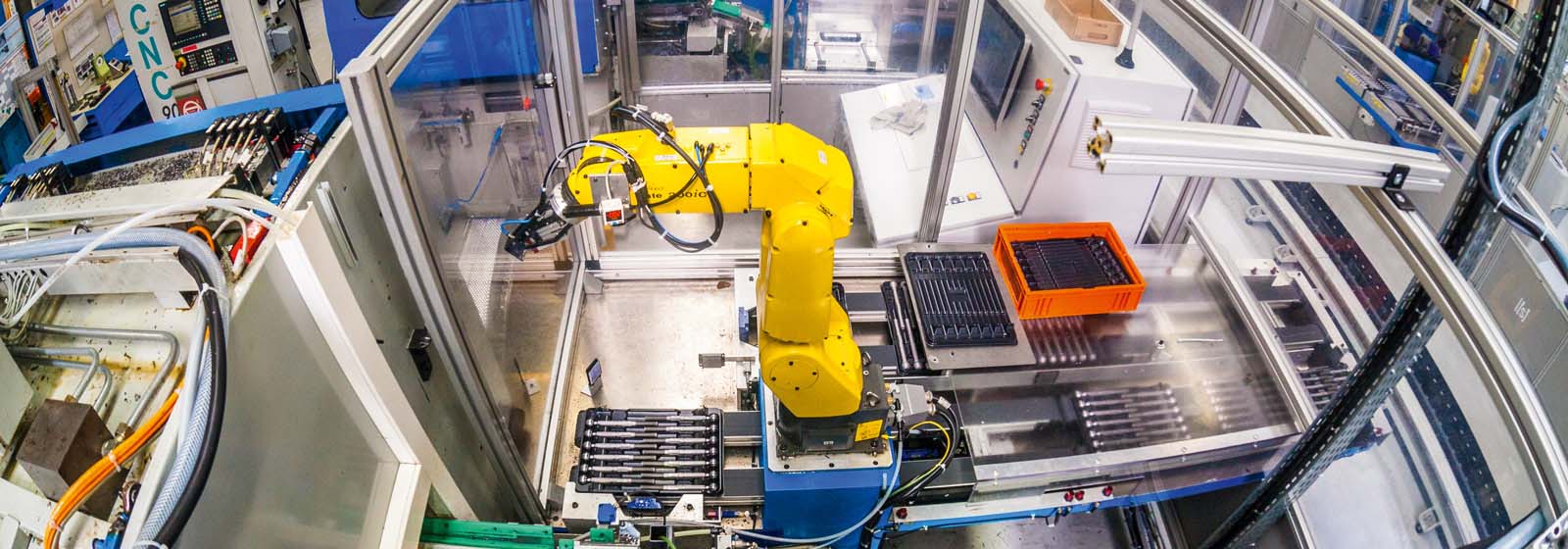 Robot-on-rail handling materials
